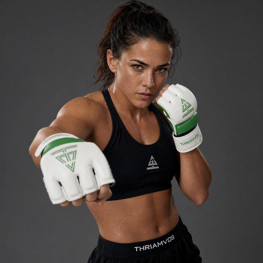 100% Cowhide Leather – MMA Training Gloves (White/Green Trim)