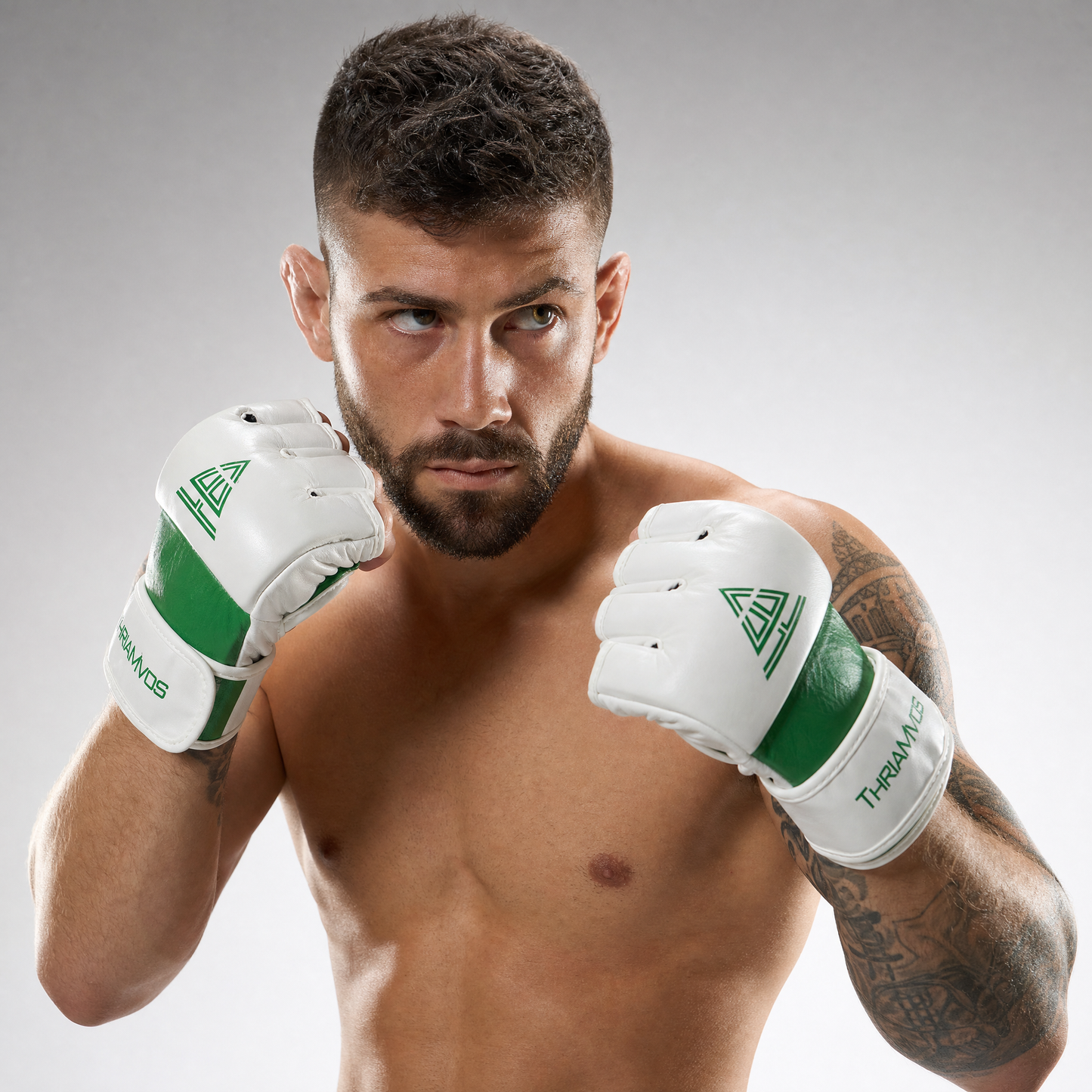 100% Cowhide Leather – MMA Training Gloves (White/Green Trim)