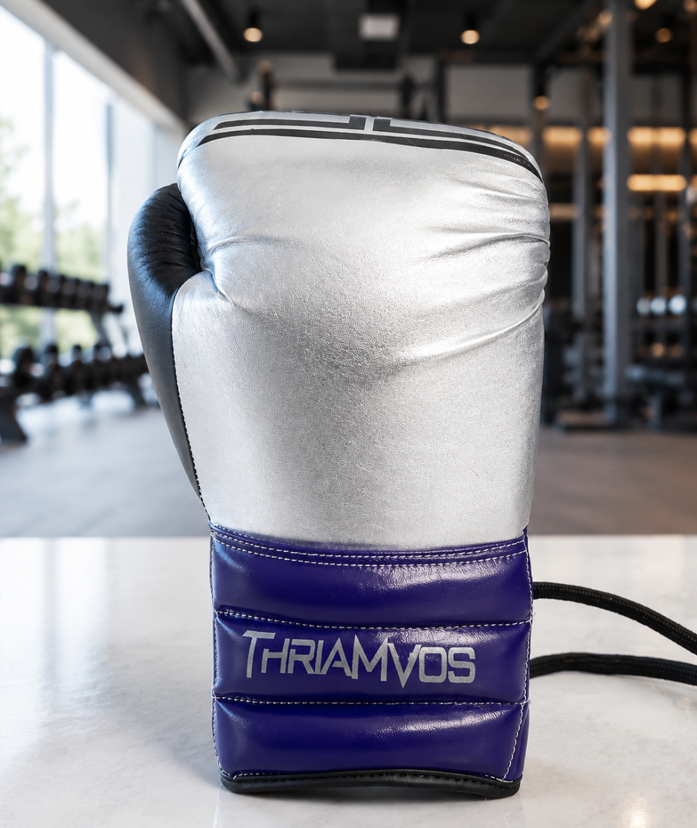 THRIAMVOS 10oz Competition Boxing Gloves – 100% Cowhide Leather, Silver/Purple
