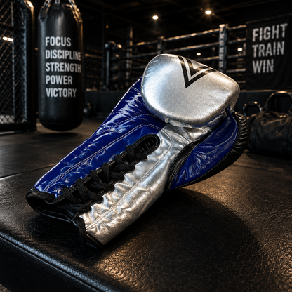 THRIAMVOS 10oz Competition Boxing Gloves – 100% Cowhide Leather, Silver/Purple