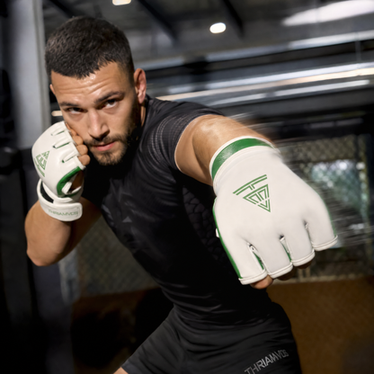 100% Cowhide Leather – MMA Training Gloves (White/Green Trim)
