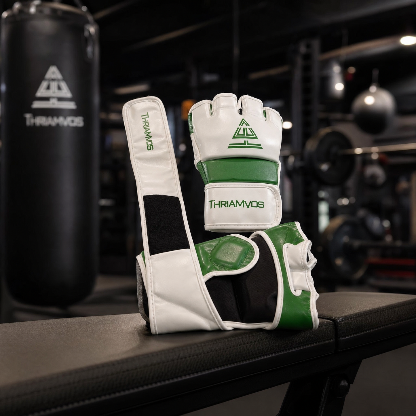 100% Cowhide Leather – MMA Training Gloves (White/Green Trim)