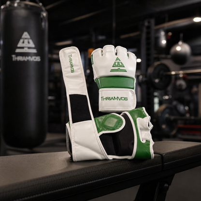 100% Cowhide Leather – MMA Training Gloves (White/Green Trim)