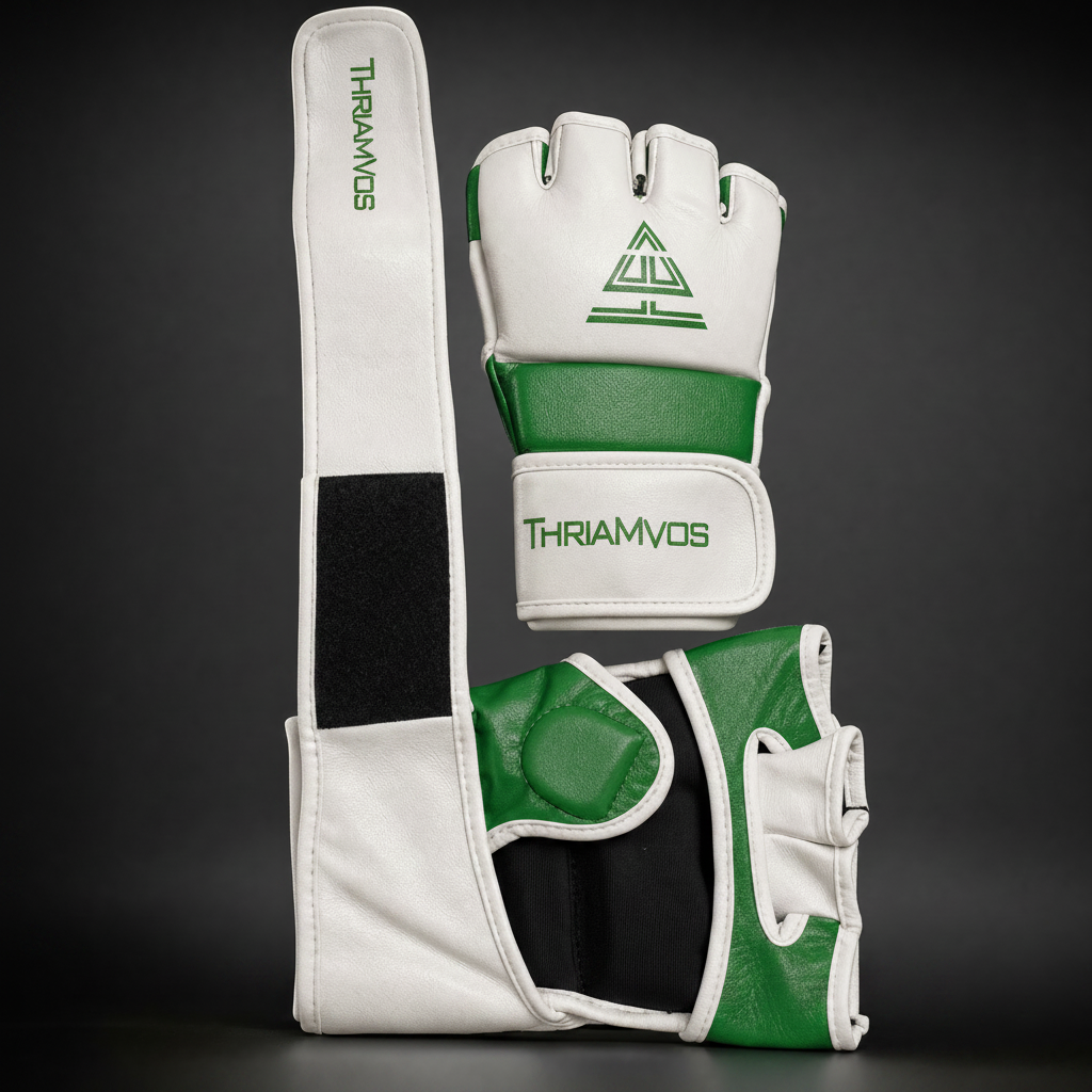 100% Cowhide Leather – MMA Training Gloves (White/Green Trim)