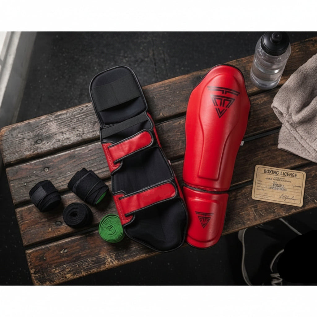 100% Cowhide Leather Shin Guards – Velcro Strap (Black Logo)