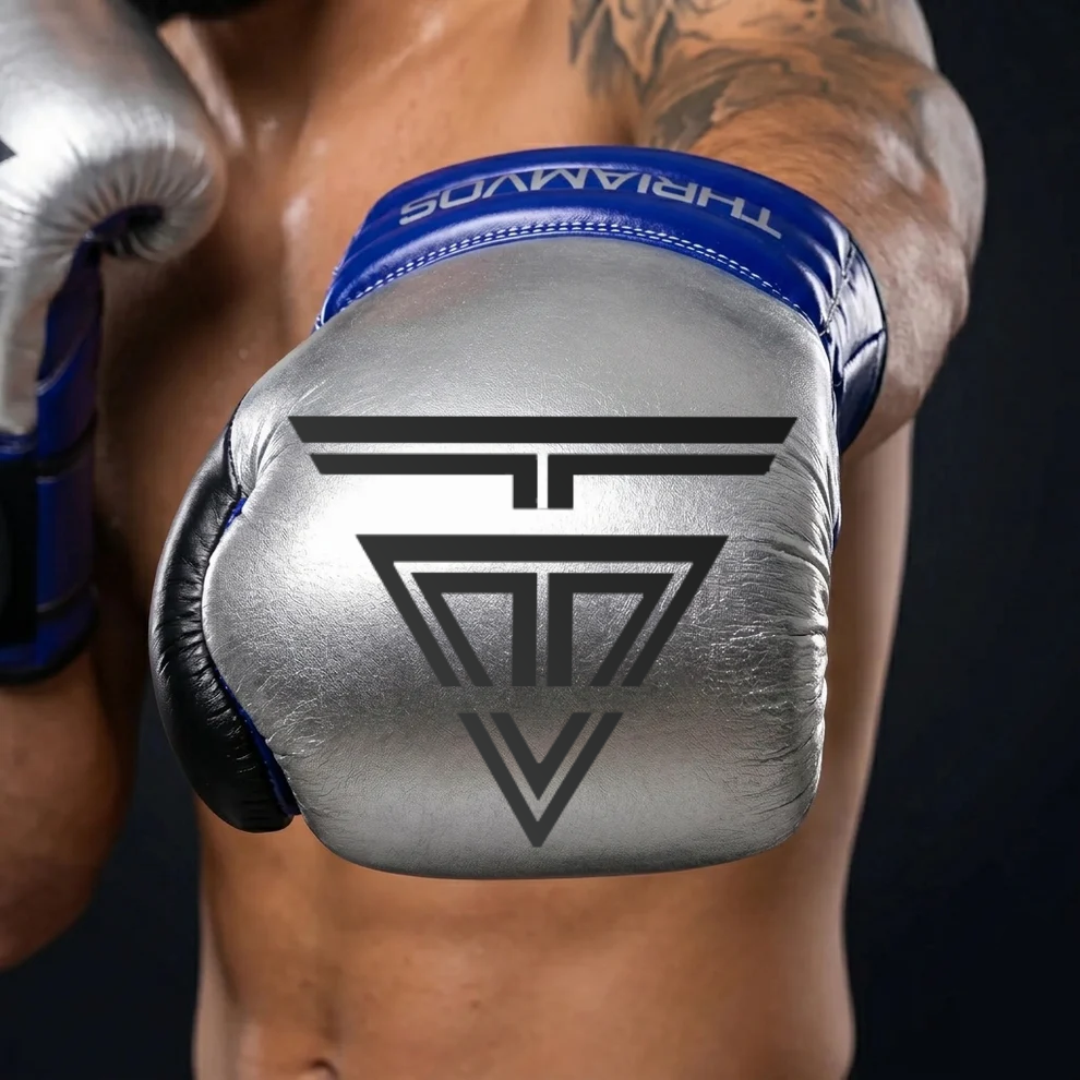 THRIAMVOS 10oz Competition Boxing Gloves – 100% Cowhide Leather, Silver/Purple