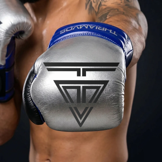 THRIAMVOS 10oz Competition Boxing Gloves – 100% Cowhide Leather, Silver/Purple