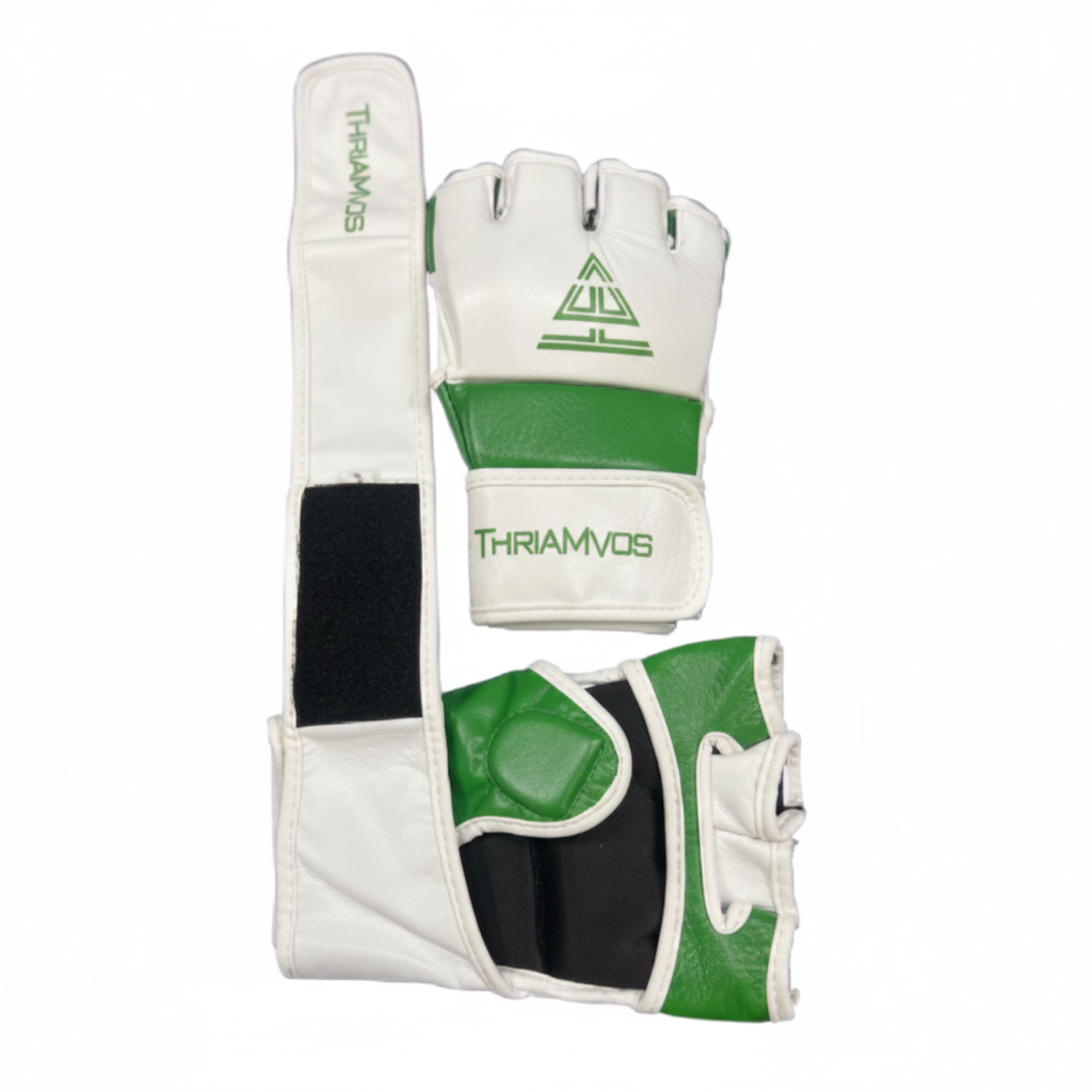 100% Cowhide Leather – MMA Training Gloves (White/Green Trim)